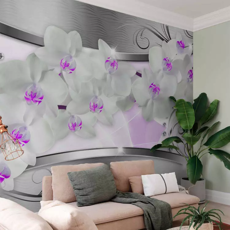 Fotomural decorativo Abstracción floral - orquídeas blancas en fondo plateado con estampado