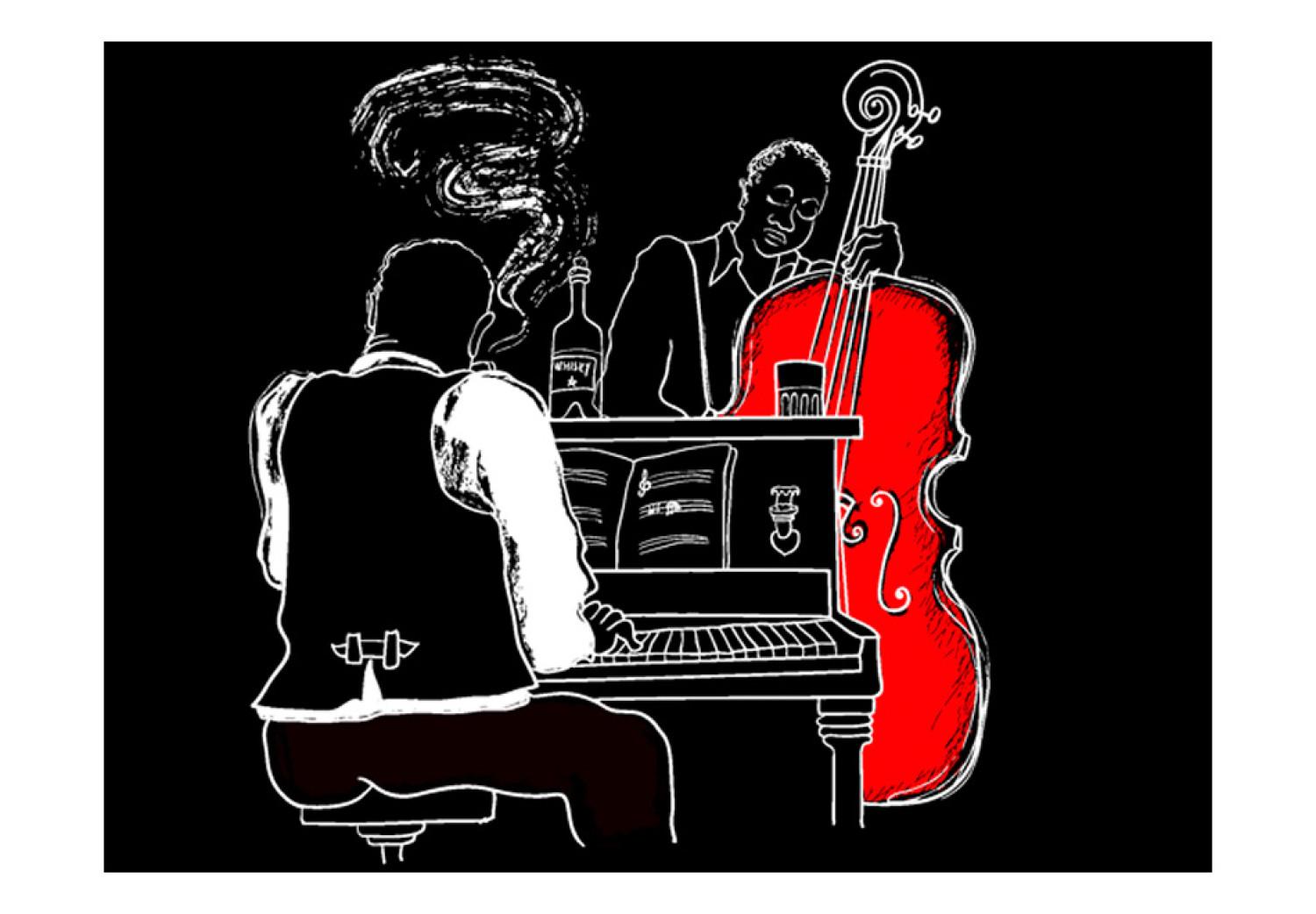 Fotomural Música jazz - músicos tocando contrabajo y piano en fondo negro