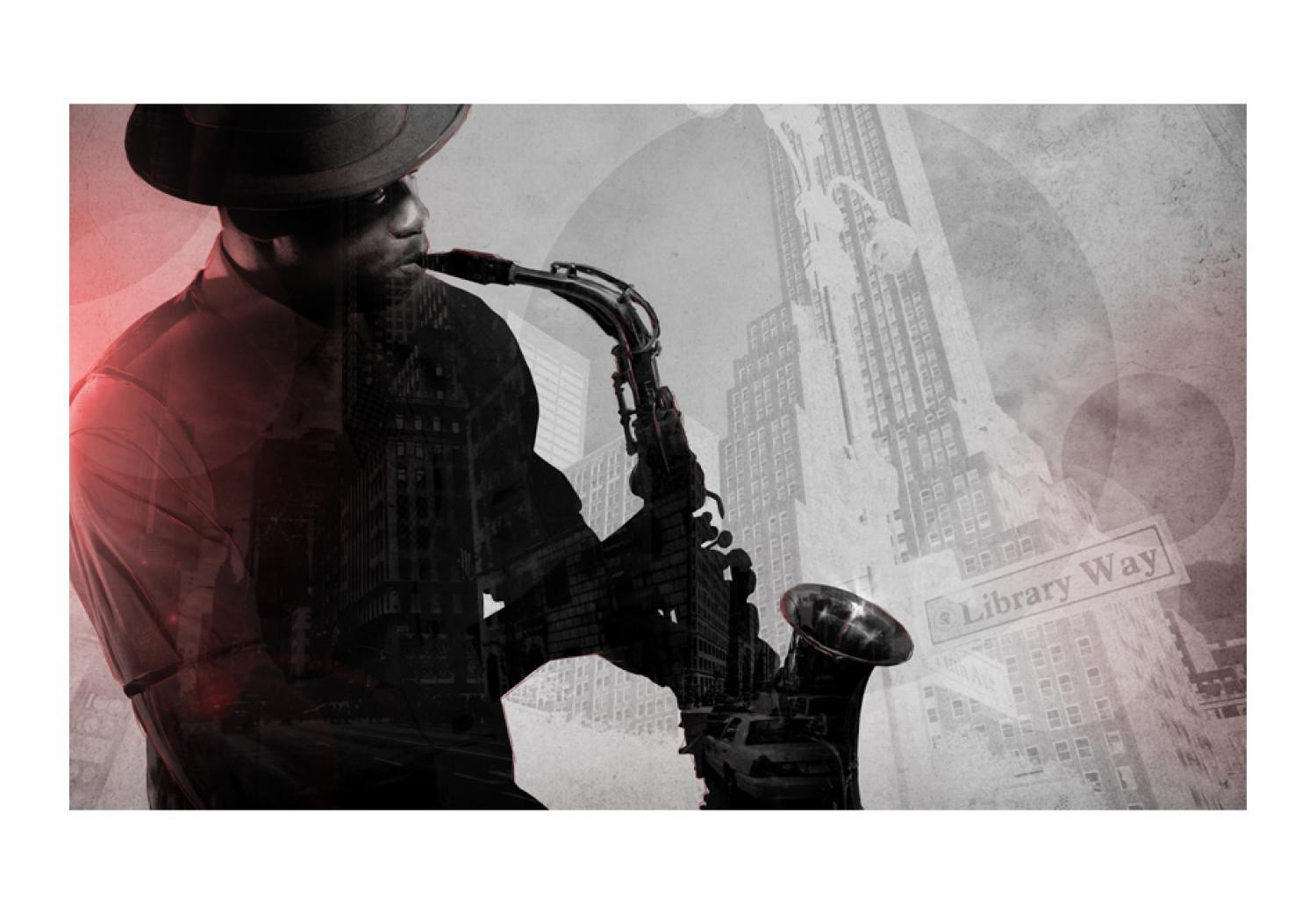 Fotomural Frontman - saxofonista con rascacielos de Nueva York de fondo