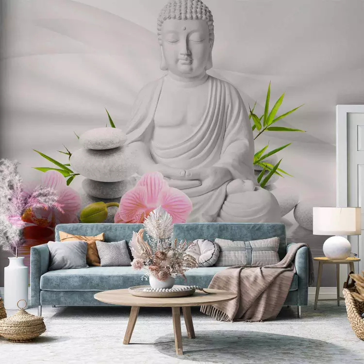 Fotomural decorativo Buda brillante - Figura de Buda con dos flores de orquídea