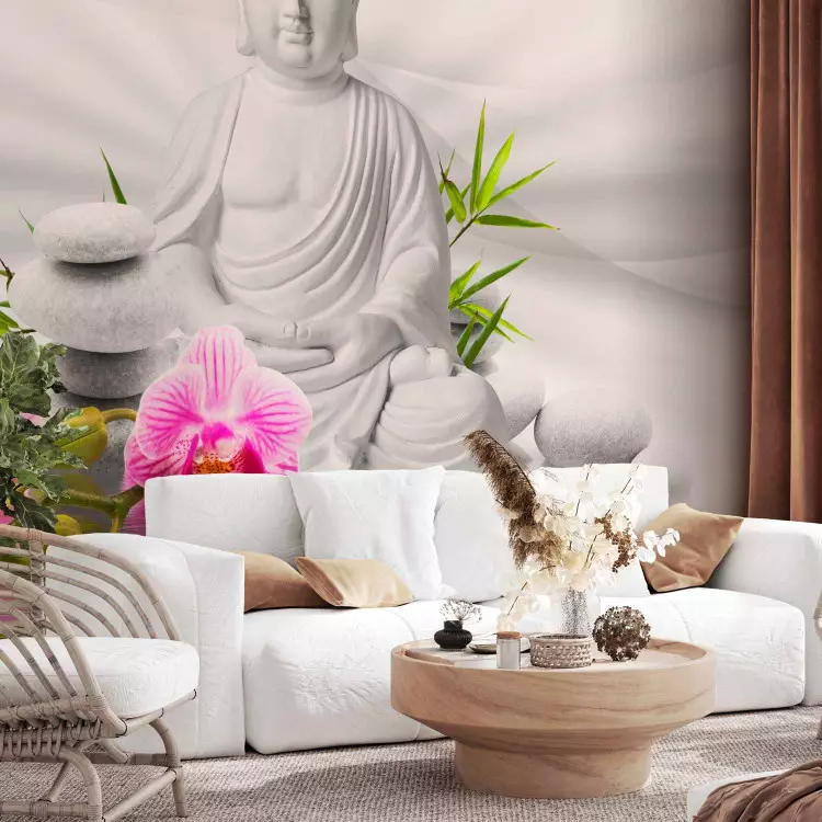 Fotomural a medida Budismo - Buda meditando con orquídeas en fondo blanco