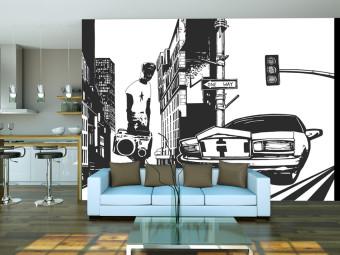 Fotomural decorativo Street art - vista en blanco y negro con taxi y figura