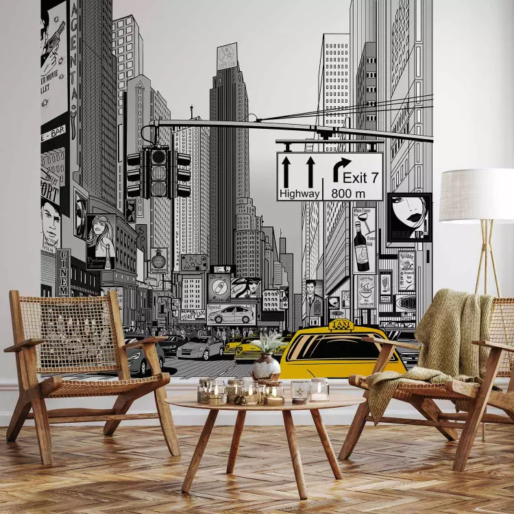 Fotomural decorativo Nueva York cómic - arquitectura en blanco y negro con taxis amarillos