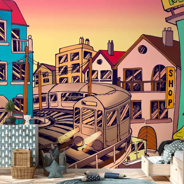 Fotomural Street art - colorida vista de la ciudad con tren en el centro