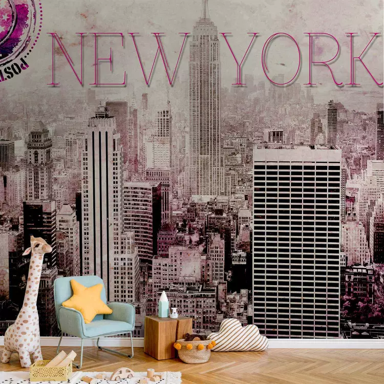 Fotomural a medida Nueva York rosa - arquitectura con torres, letrero y sello