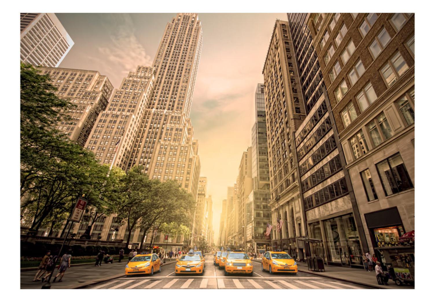 Fotomural En la sombra de los rascacielos - Nueva York con peatones y taxis