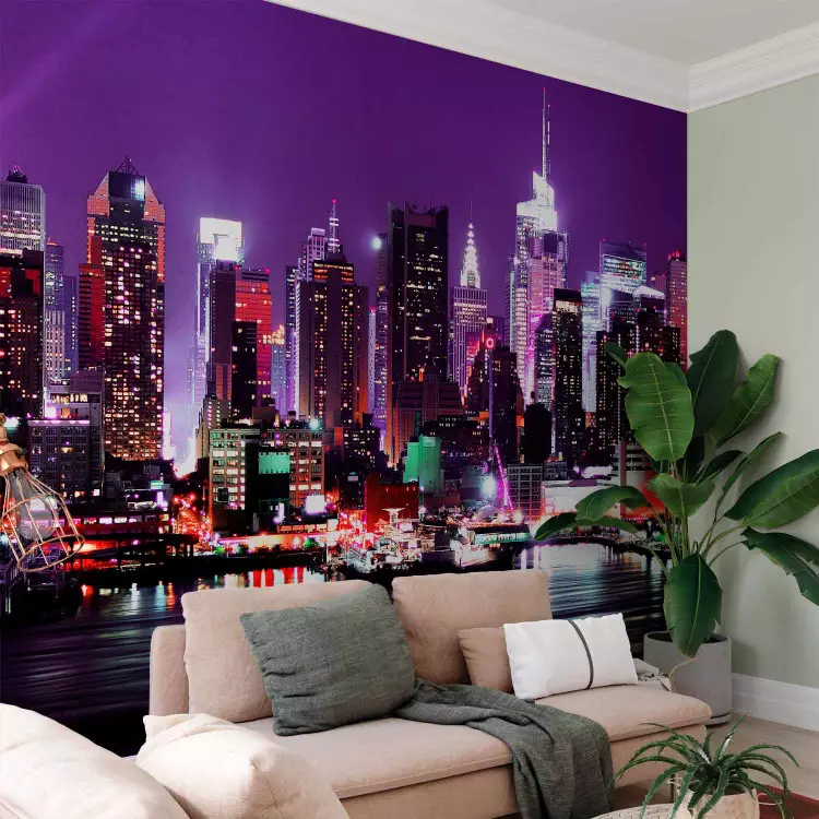 Fotomural a medida Luces de Nueva York - Panorama urbano con acento en tonos de púrpura