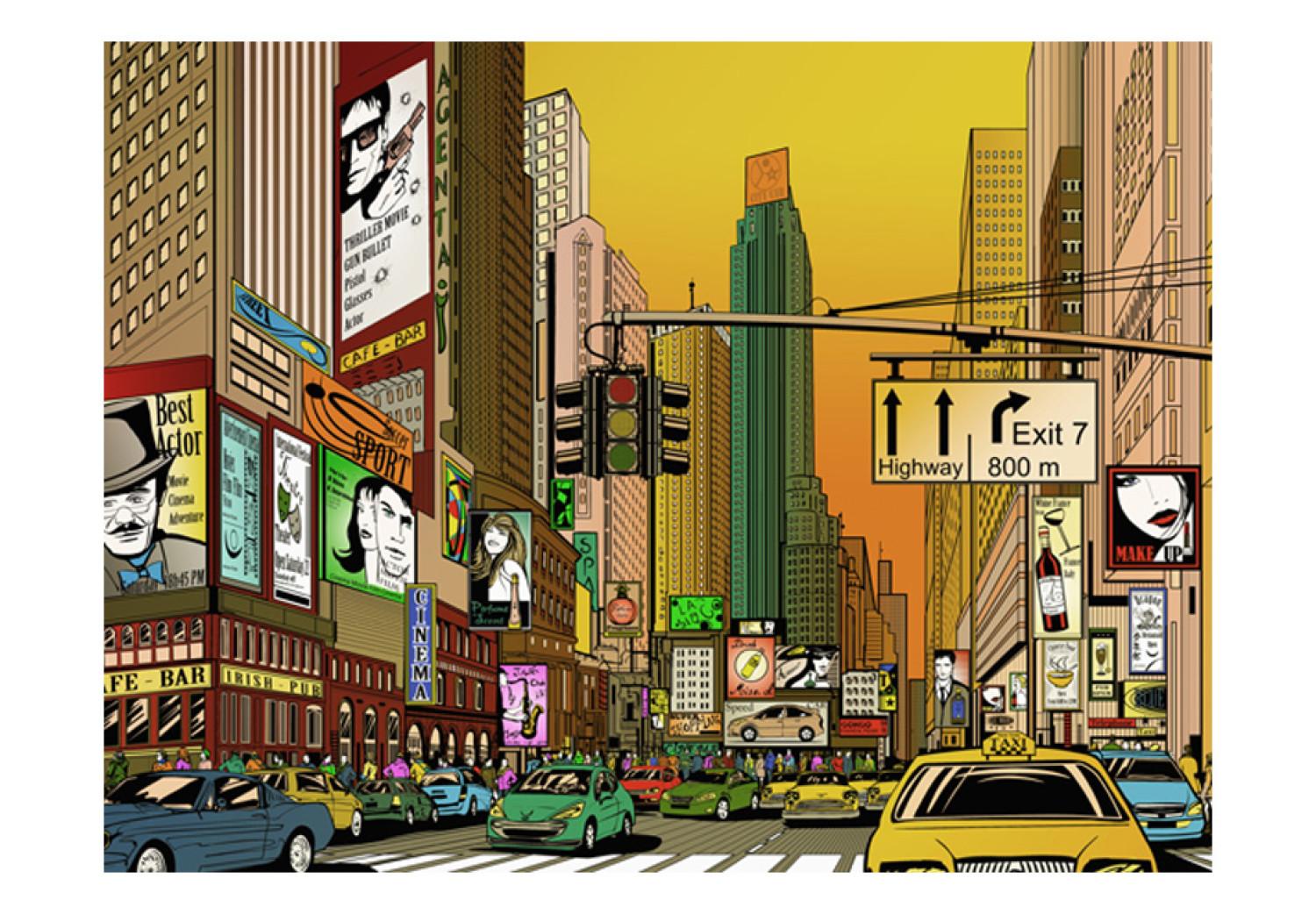 Fotomural a medida Comic de Nueva York - Arquitectura colorida y taxi amarillo