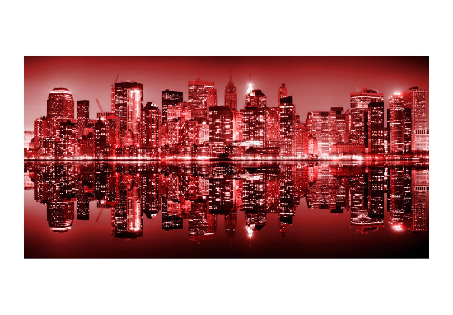 Fotomural Nueva York rojo - Vista urbana con rascacielos en el reflejo del agua
