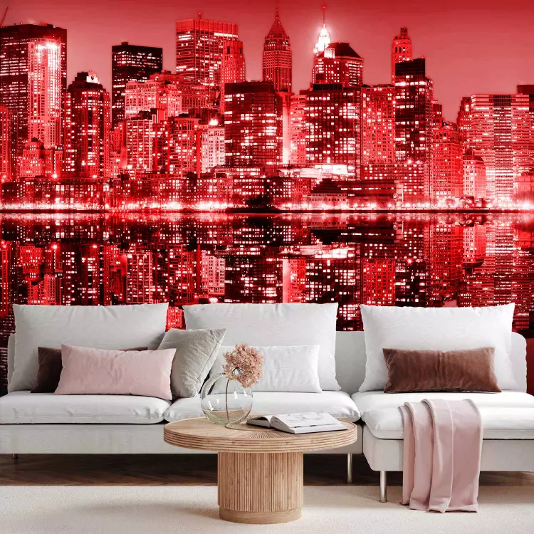 Fotomural Nueva York rojo - Vista urbana con rascacielos en el reflejo del agua