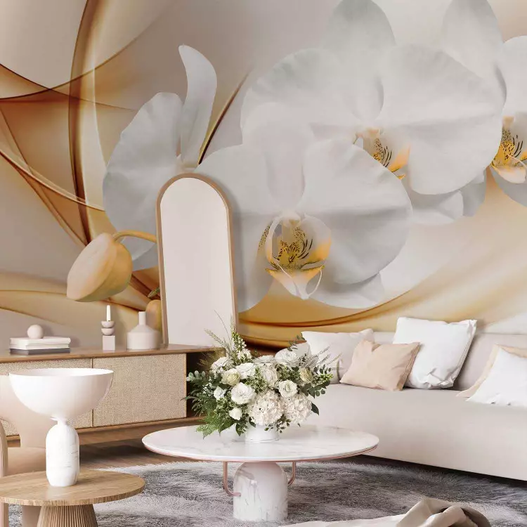 Fotomural decorativo Abstracción floral - Orquídea blanca con brotes sobre fondo beige