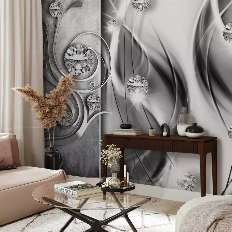Fotomural decorativo Profundidad de gris - Fondo plateado con temas delicados y diamantes