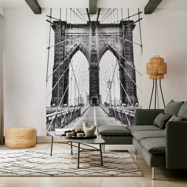 Fotomural Arquitectura de NY - Brooklyn Bridge blanco y negro con bandera