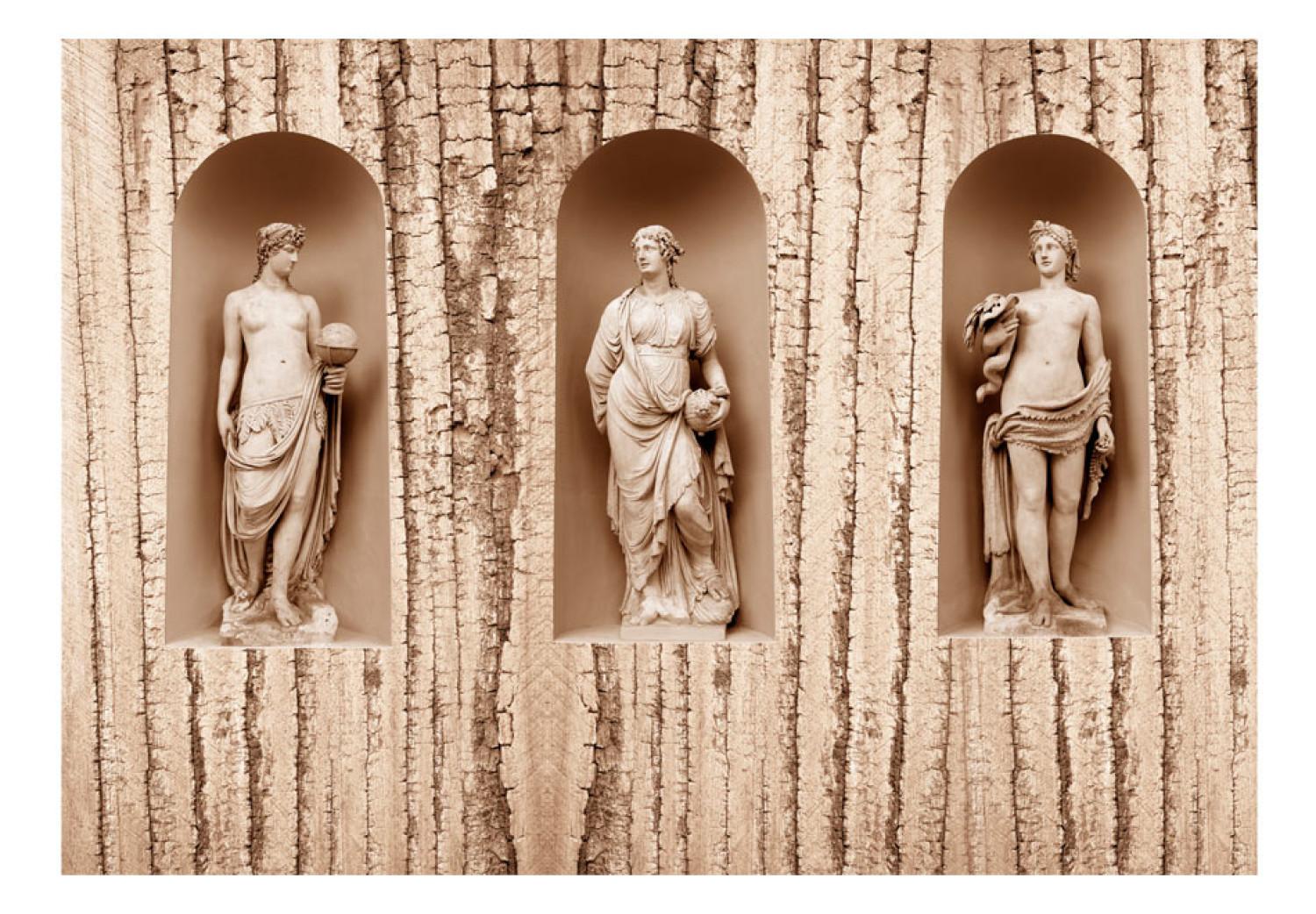 Fotomural a medida Mezcla cultural - tres figuras antiguas sobre madera en estilo retro