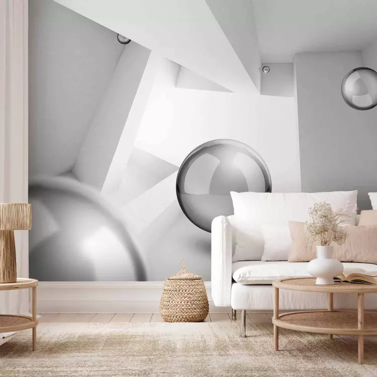 Fotomural Abstracción 3D - espacio geométrico claro con esferas de plata