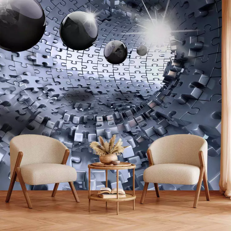Fotomural decorativo Puzzle abstracto - túnel de rompecabezas plateado con efecto 3D