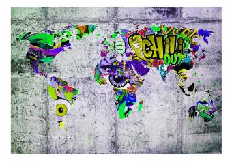 Fotomural Mundo del grafiti - mapa colorido del mundo en fondo de cemento