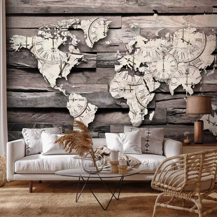 Fotomural Tiempo que fluye en la Tierra - mapa del mundo con reloj en madera