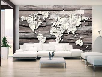 Fotomural Tiempo que fluye en la Tierra - mapa del mundo con reloj en madera