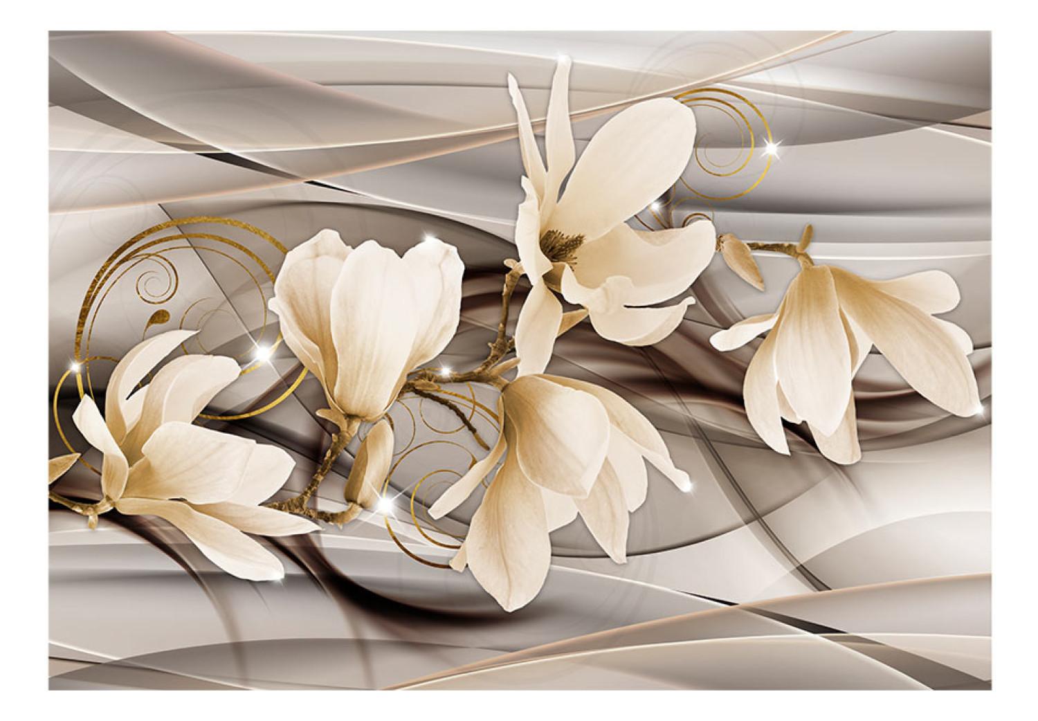 Fotomural decorativo Magnolias delicadas - flores en fondo con dibujos y resplandor