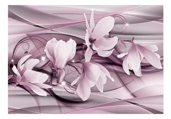 Fotomural decorativo Abstracción rosa - magnolias en fondo con ornamentos y olas