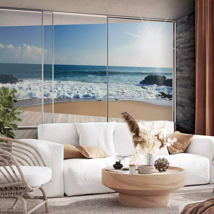 Fotomural decorativo Casa en la playa - vista desde la ventana al cielo y mar azul