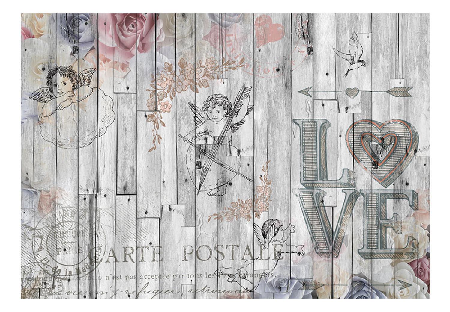 Fotomural decorativo Postal - composición con ángeles y flores en fondo de madera