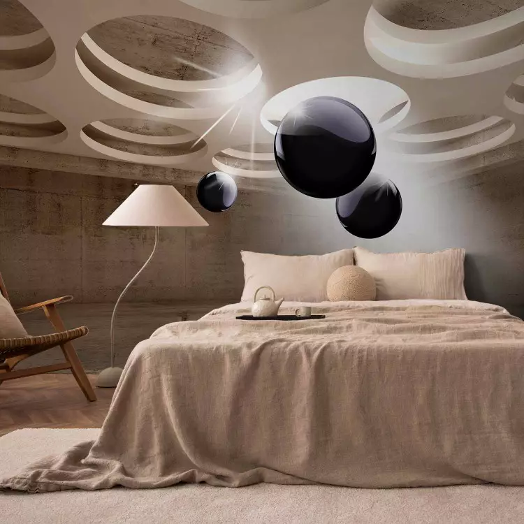 Fotomural decorativo Abstracción - Espacio de cemento con esferas negras y patrón blanco