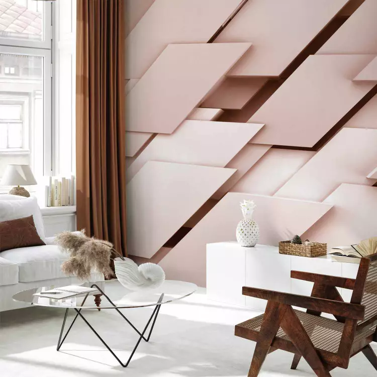 Fotomural decorativo Perspectiva geométrica 3D - Diseño monolítico en formas rosa pálido