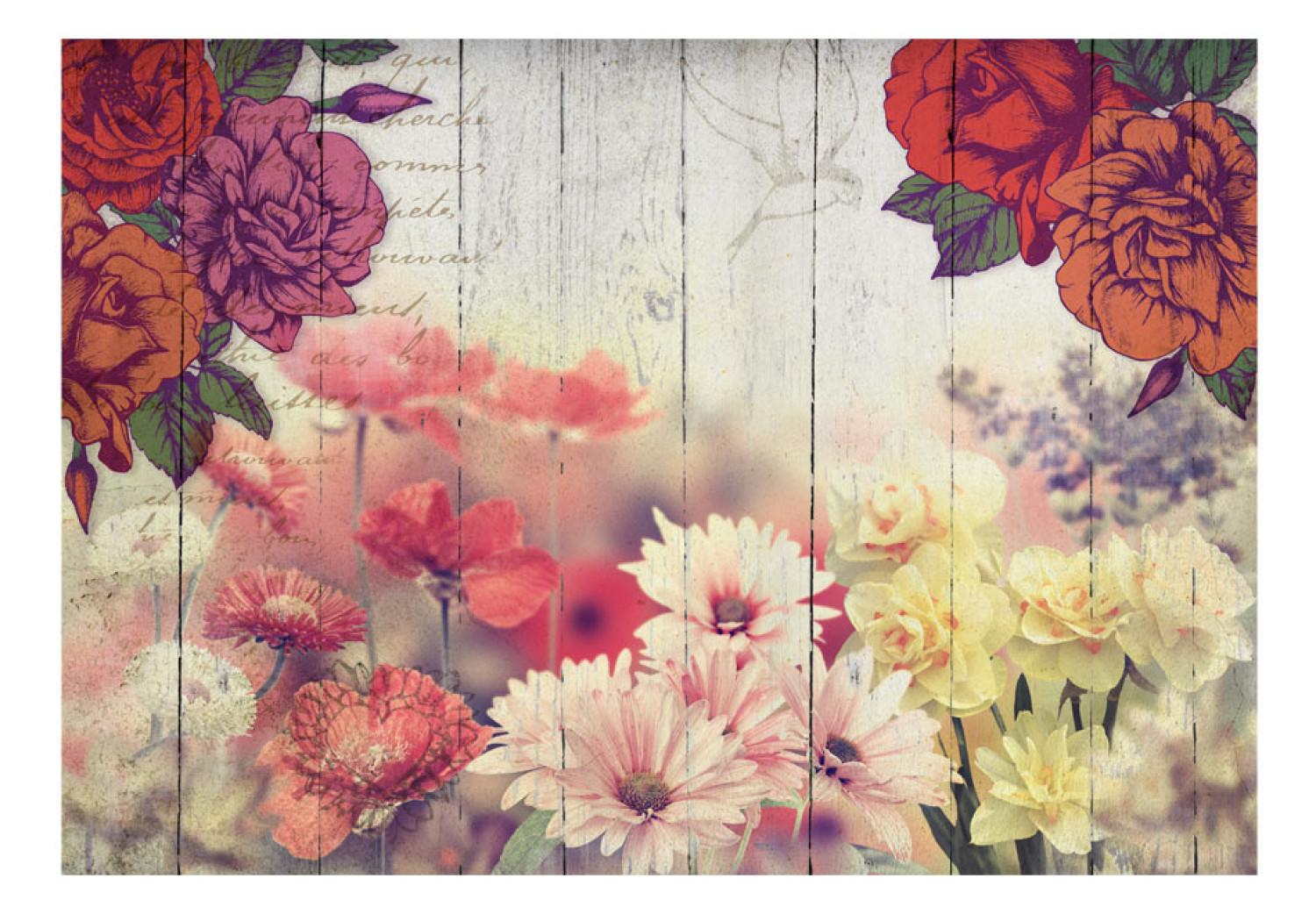 Fotomural Flores retro - flores coloridas sobre fondo que recuerda a los tableros antiguos