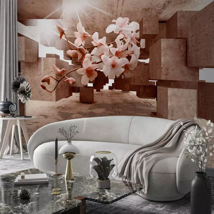 Fotomural decorativo Espacio con figuras geométricas - Orquídea entre cemento