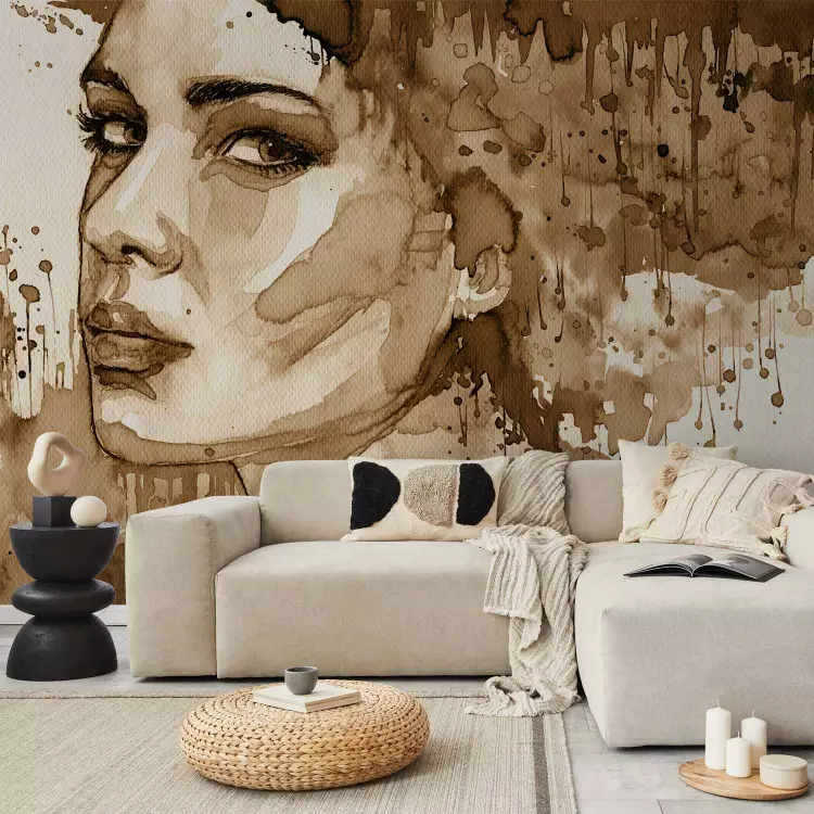 Fotomural decorativo Retrato de mujer - Silueta de mujer en acuarela marrón