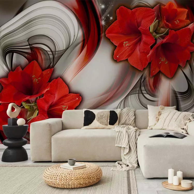 Fotomural Amarilis rojas - flores en fondo abstracto con patrón ondulado
