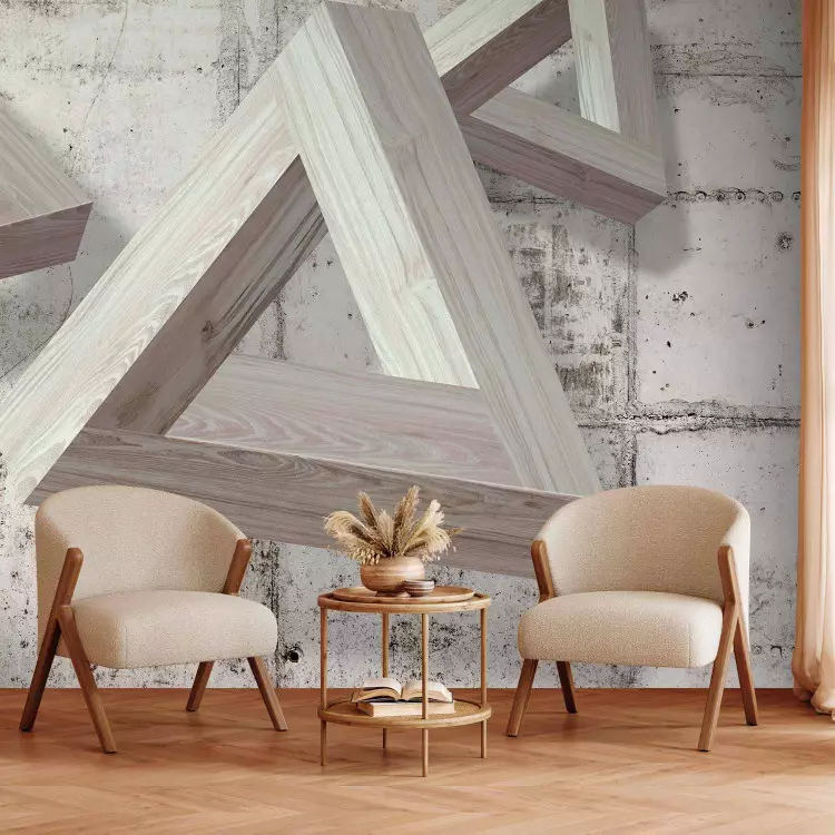 Fotomural Composición contemporánea - tres triángulos de madera sobre concreto