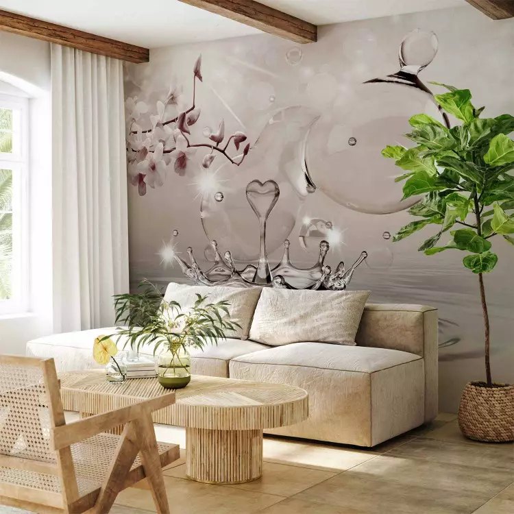 Fotomural decorativo Composición con corazón - orquídea sobre agua condensada con gotas