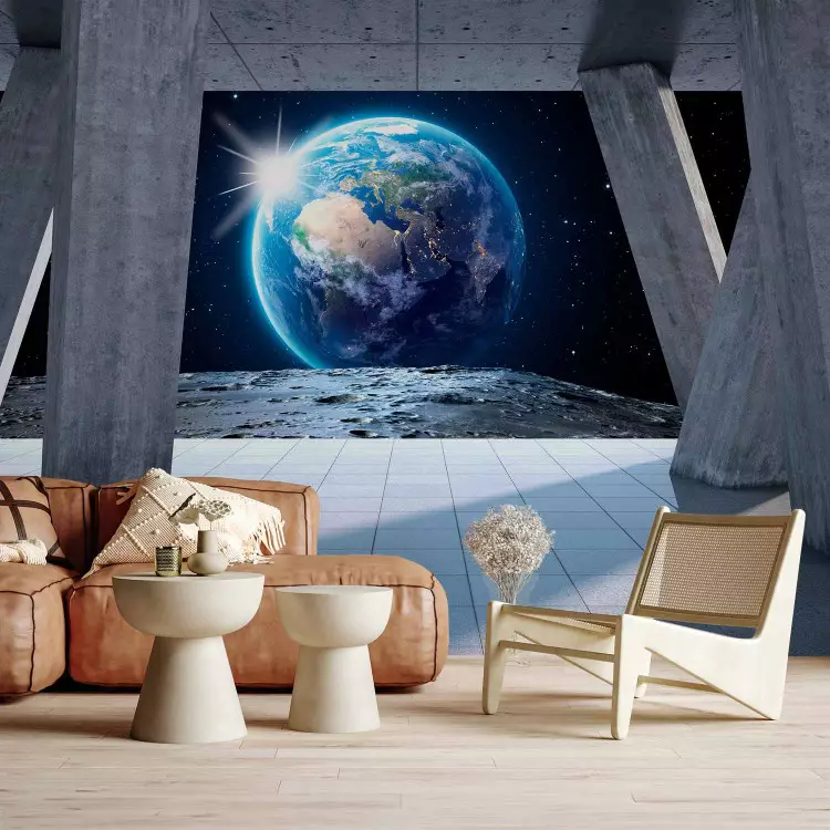 Fotomural decorativo Arquitectura de concreto galaxia - paisaje espacial con luna y Tierra