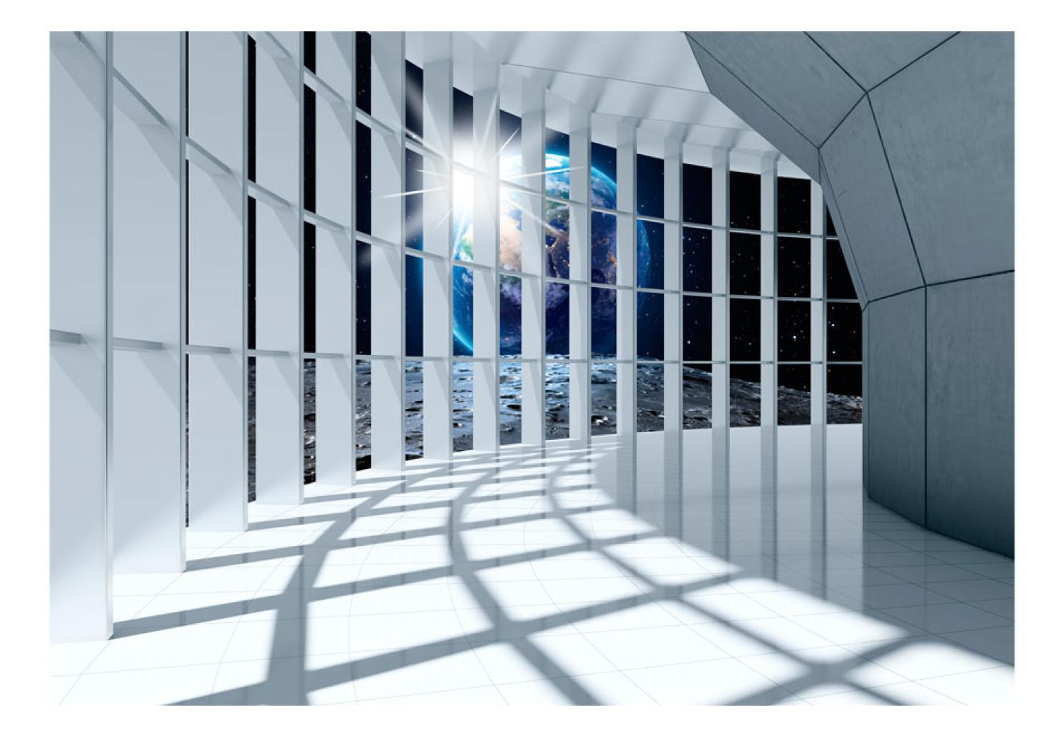 Fotomural Ciudad espacial - pasillo en colores fríos con vista al mundo