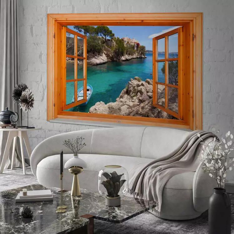 Fotomural decorativo Vista desde la ventana - paisaje marino y islas enmarcadas por madera