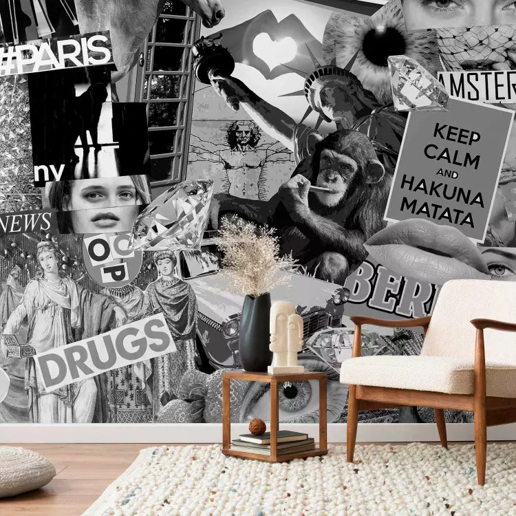 Fotomural Street art - collage en blanco y negro con letras en inglés y figuras