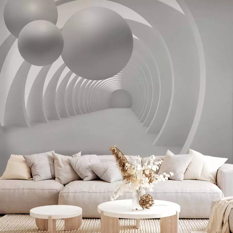 Fotomural decorativo Espacio moderno - Túnel ovalado con dibujos y bolas blancas