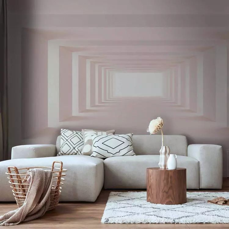 Fotomural Interior futurista - Espacio luminoso en rosa pálido con columnas 3D