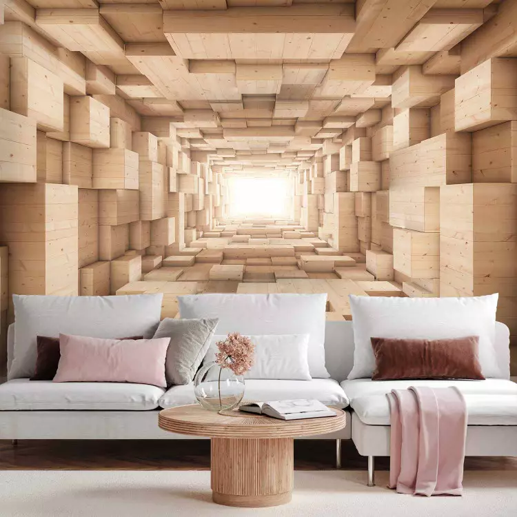 Fotomural decorativo Túnel iluminado - Espacio abstracto con bloques de madera