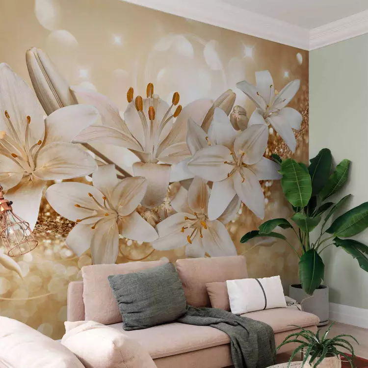 Fotomural decorativo Motivo vegetal dorado - Lirios blancos con adornos