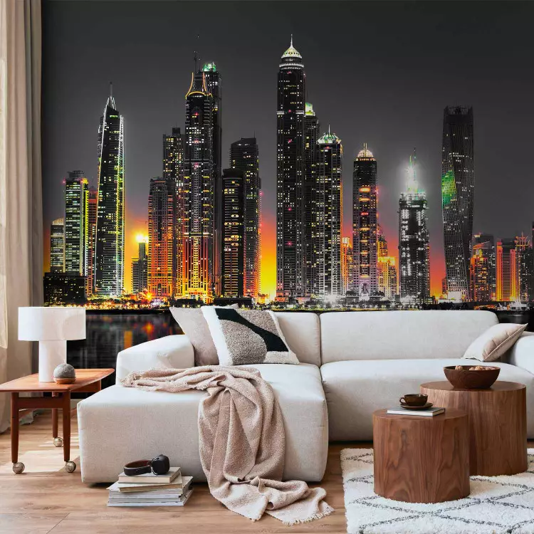 Fotomural a medida Noches anaranjadas en Dubái - Rascacielos y reflejo en el agua