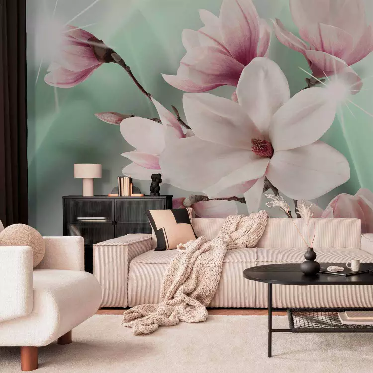 Fotomural a medida Magnolias y arcoíris celeste - Flores rosas en fondo con efecto de luz