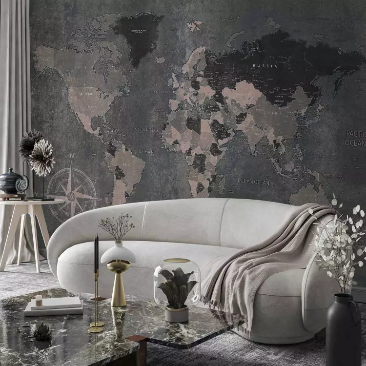 Fotomural Mundo gris - mapa de los continentes en fondo no uniforme con brújula