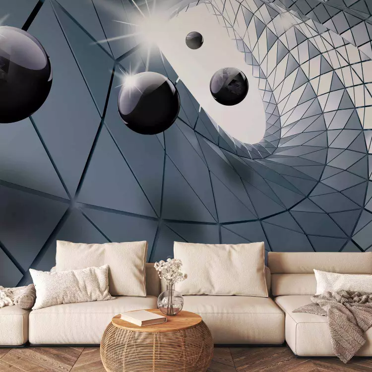 Fotomural decorativo Ilusión azul - abstracción moderna con efecto 3D y bolas negras