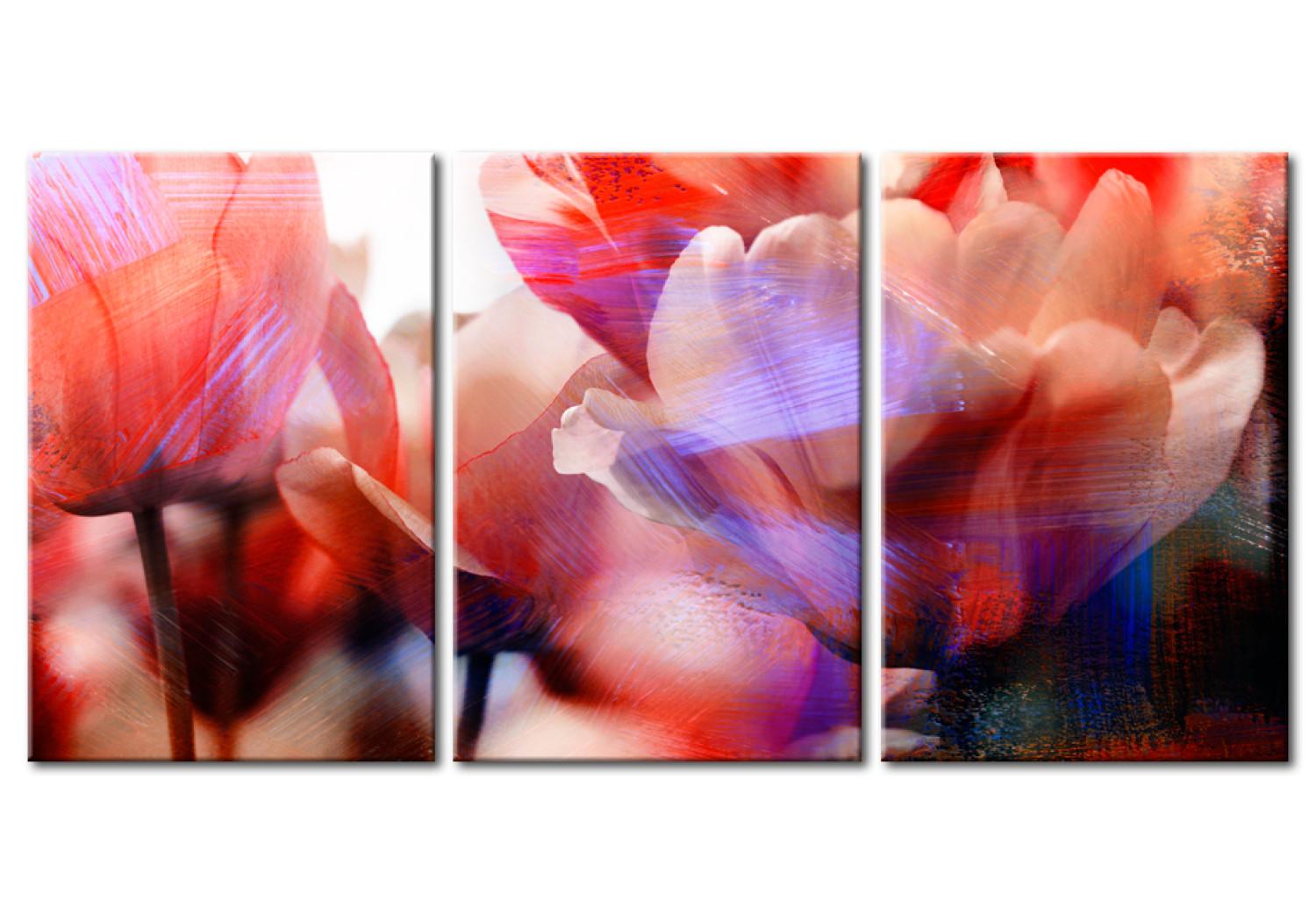 Cuadro Tulipanes de amor (3 piezas) - flores primaverales de colores de cerca