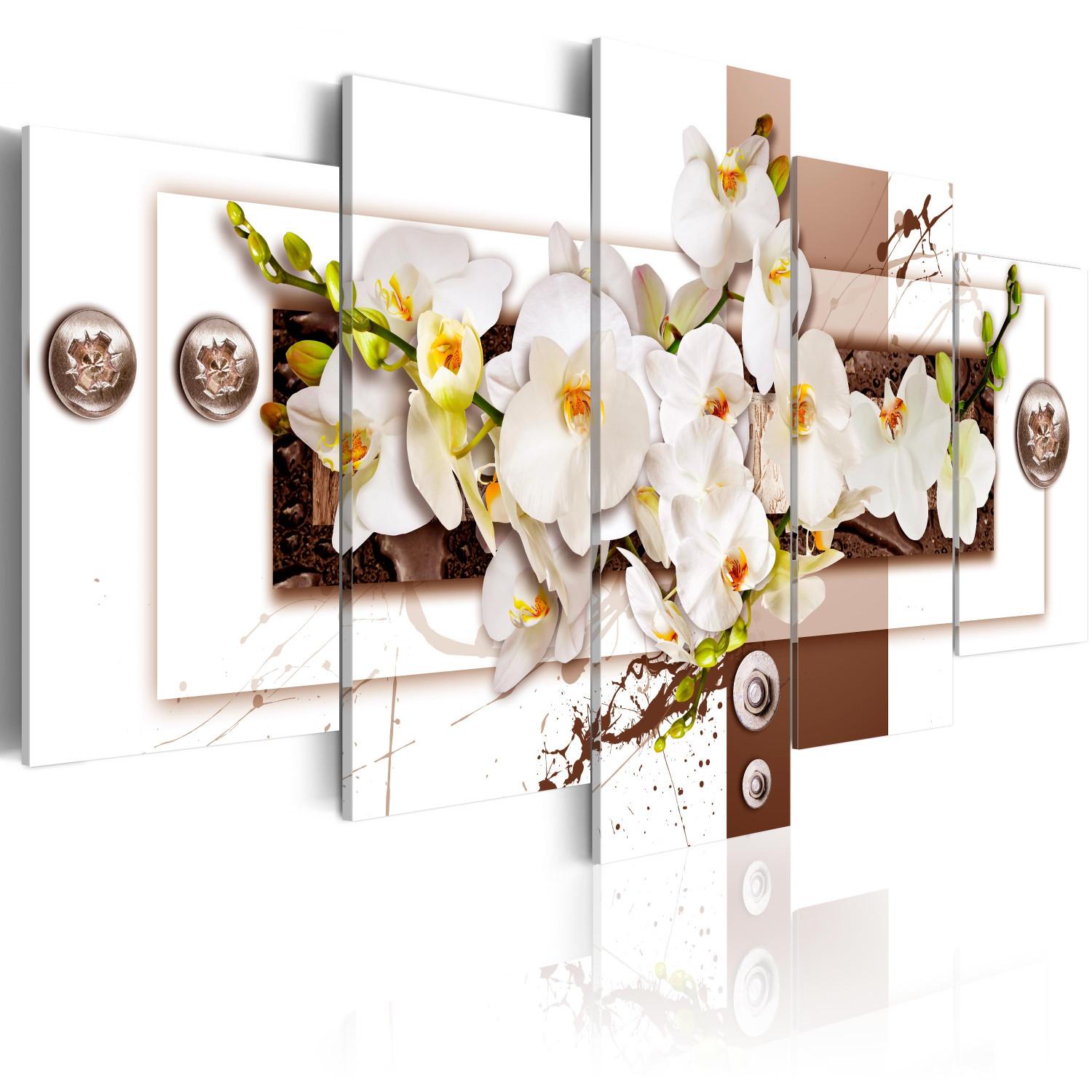 Cuadro Instalación floral (5 piezas) - orquídeas sobre fondo geométrico