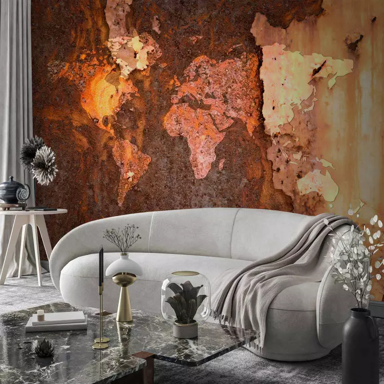 Fotomural decorativo Continentes metálicos - mapa del mundo con textura metálica y óxido